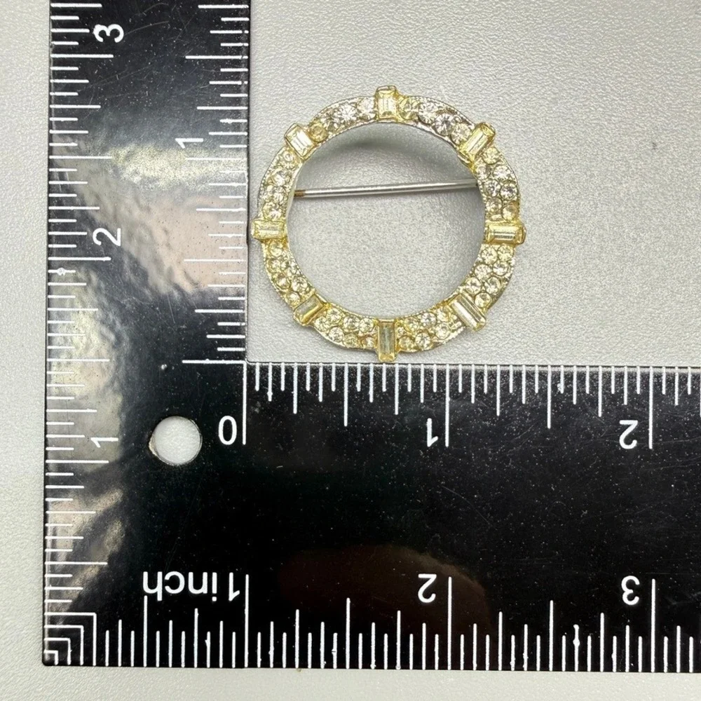 Vintage Paste Rhinestone Brooch Silver Tone Clear Circle MCM Dainty Glam
